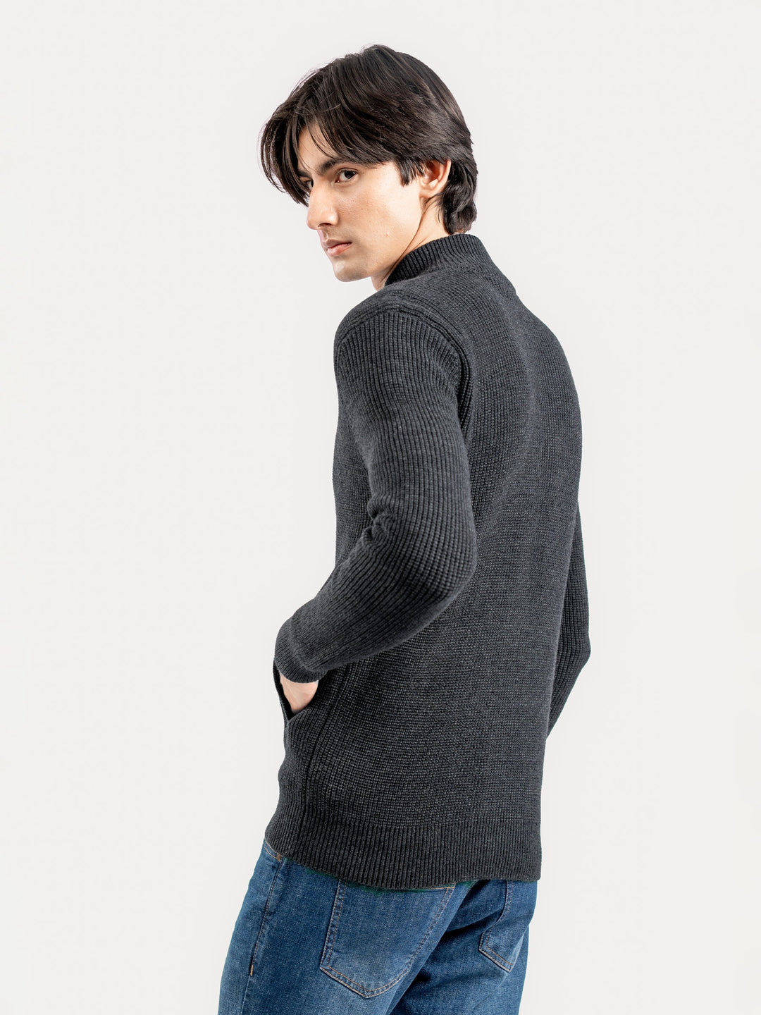 Brumano Ready To Wear Solids Cotton 1 Piece Men Charcoal Grey Knitted Chunky Zipper Jacket 0-25-025-4758 - Winter Collection