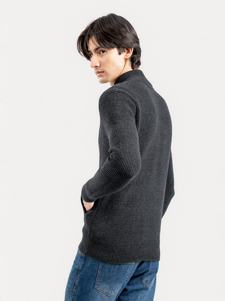 Brumano Ready To Wear Solids Cotton 1 Piece Men Charcoal Grey Knitted Chunky Zipper Jacket 0-25-025-4758 - Winter Collection