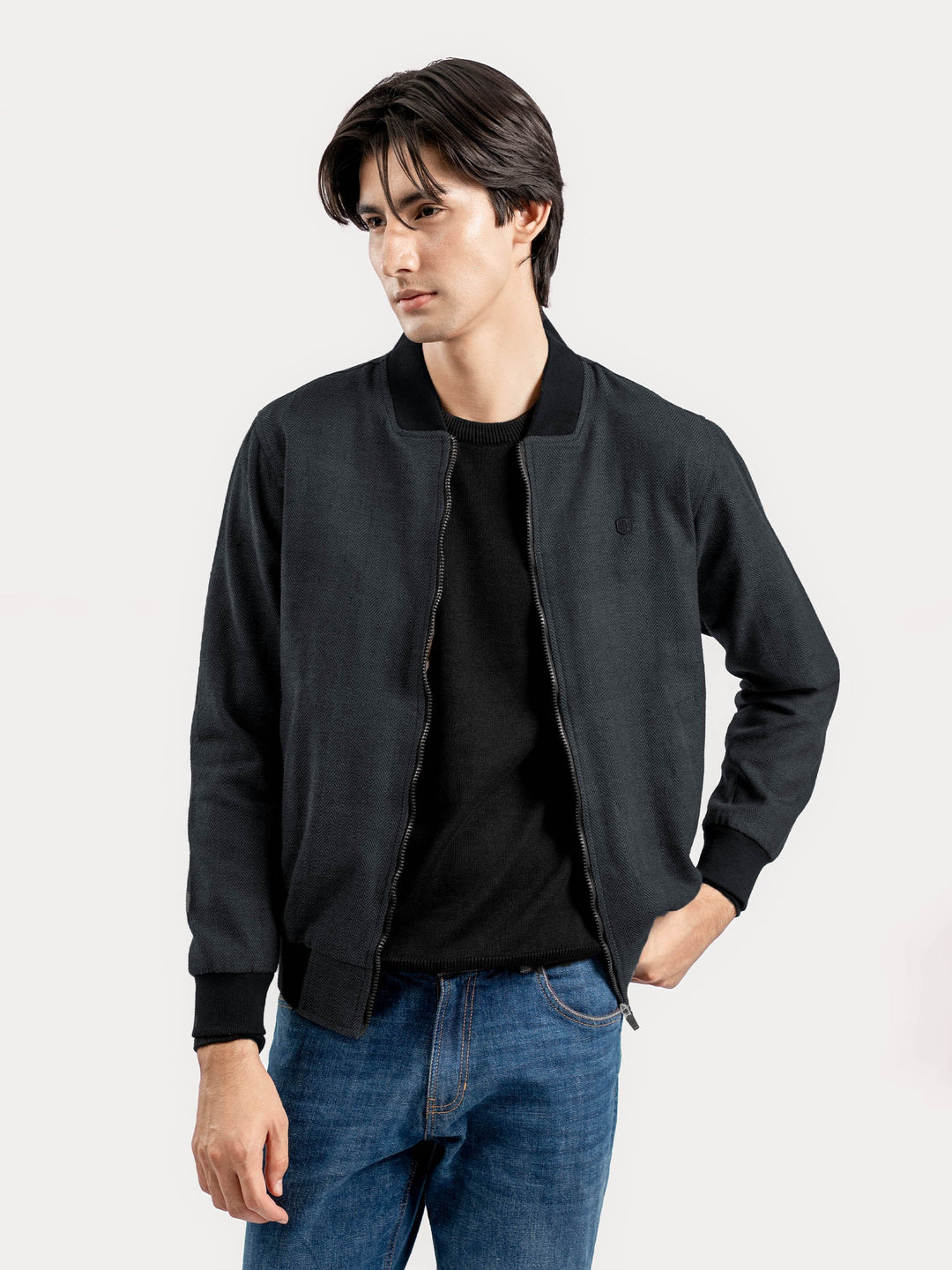 Brumano Mens RTW Solids Poly Jacket Charcoal Herringbone Bomber Jacket Winter Collection