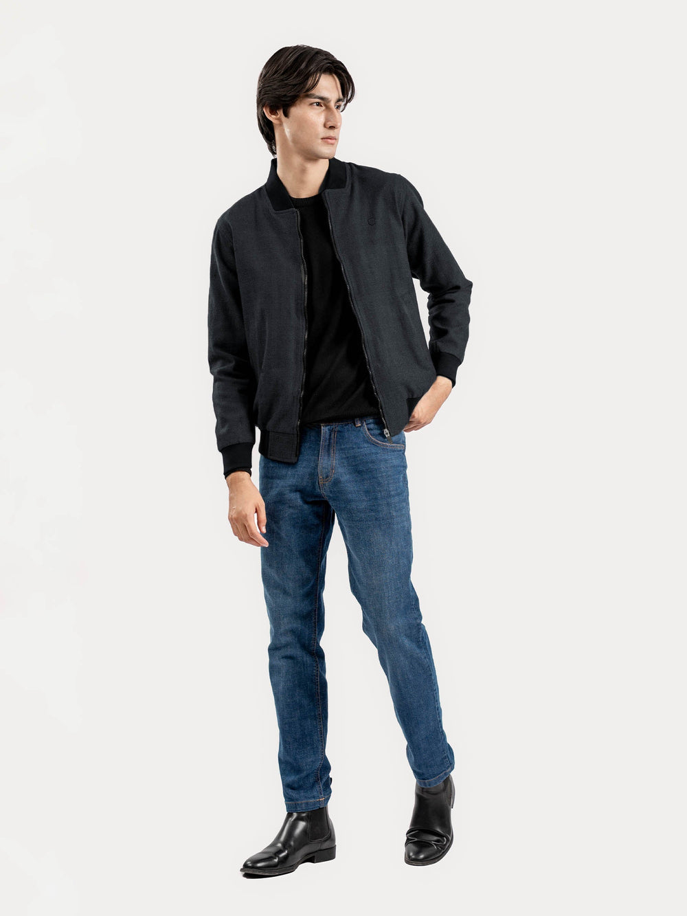 Brumano Mens RTW Solids Poly Jacket Charcoal Herringbone Bomber Jacket Winter Collection