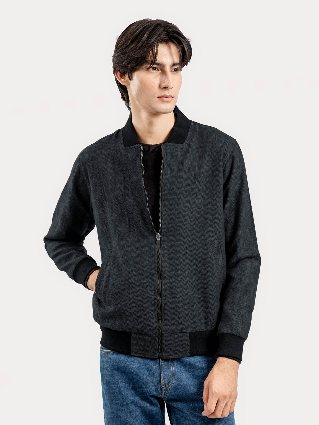Brumano Mens RTW Solids Poly Jacket Charcoal Herringbone Bomber Jacket Winter Collection