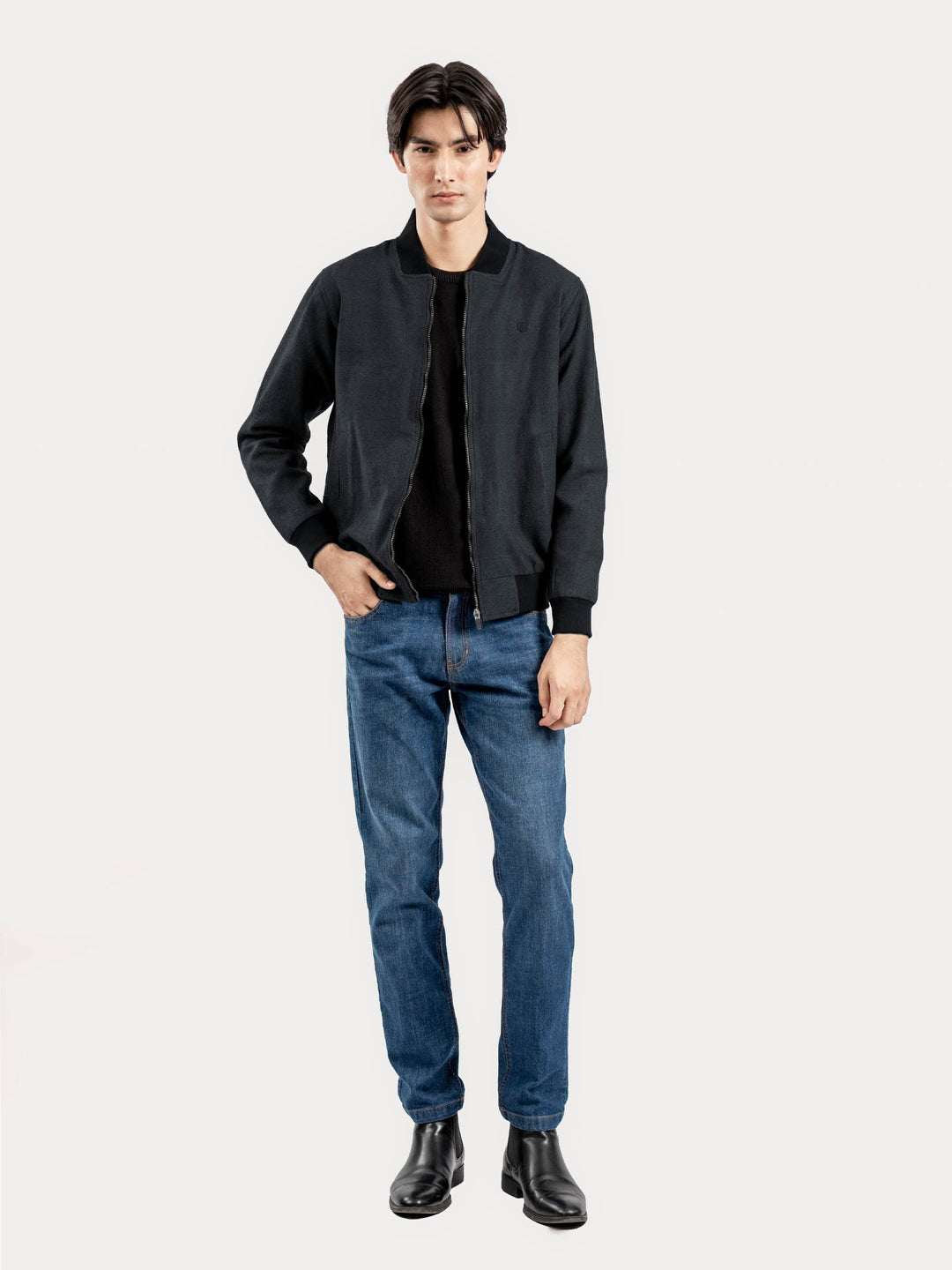 Brumano Ready To Wear Solids  Tencel 1 Piece Men Charcoal Herringbone Structured Bomber Jacket 0-11-025-4727 - Winter Collection