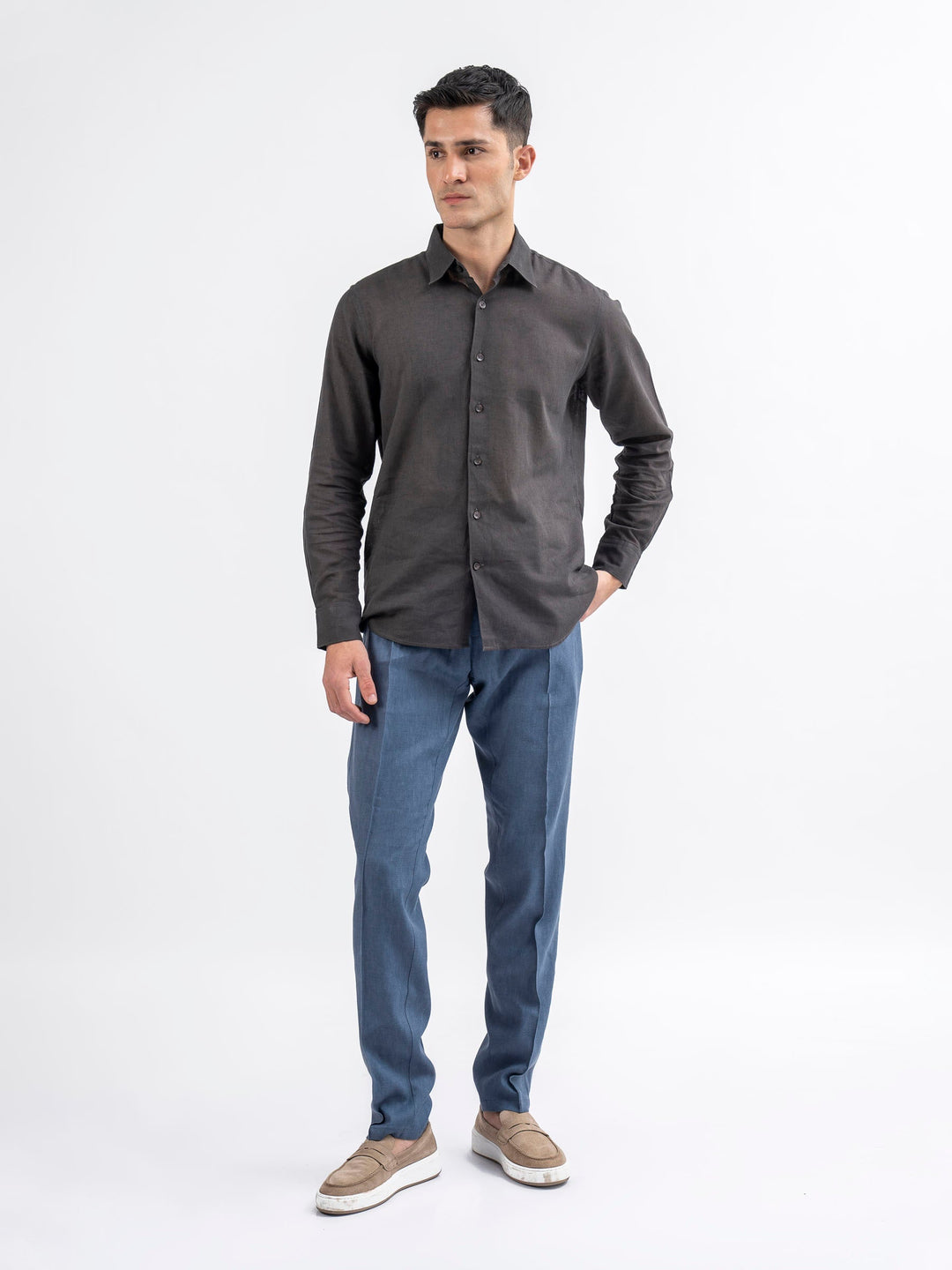 Brumano Ready To Wear Shirts Men 1 Piece Cotton Charcoal Airy Linen Blended Shirt 0-31-025-4114 - Summer Collection