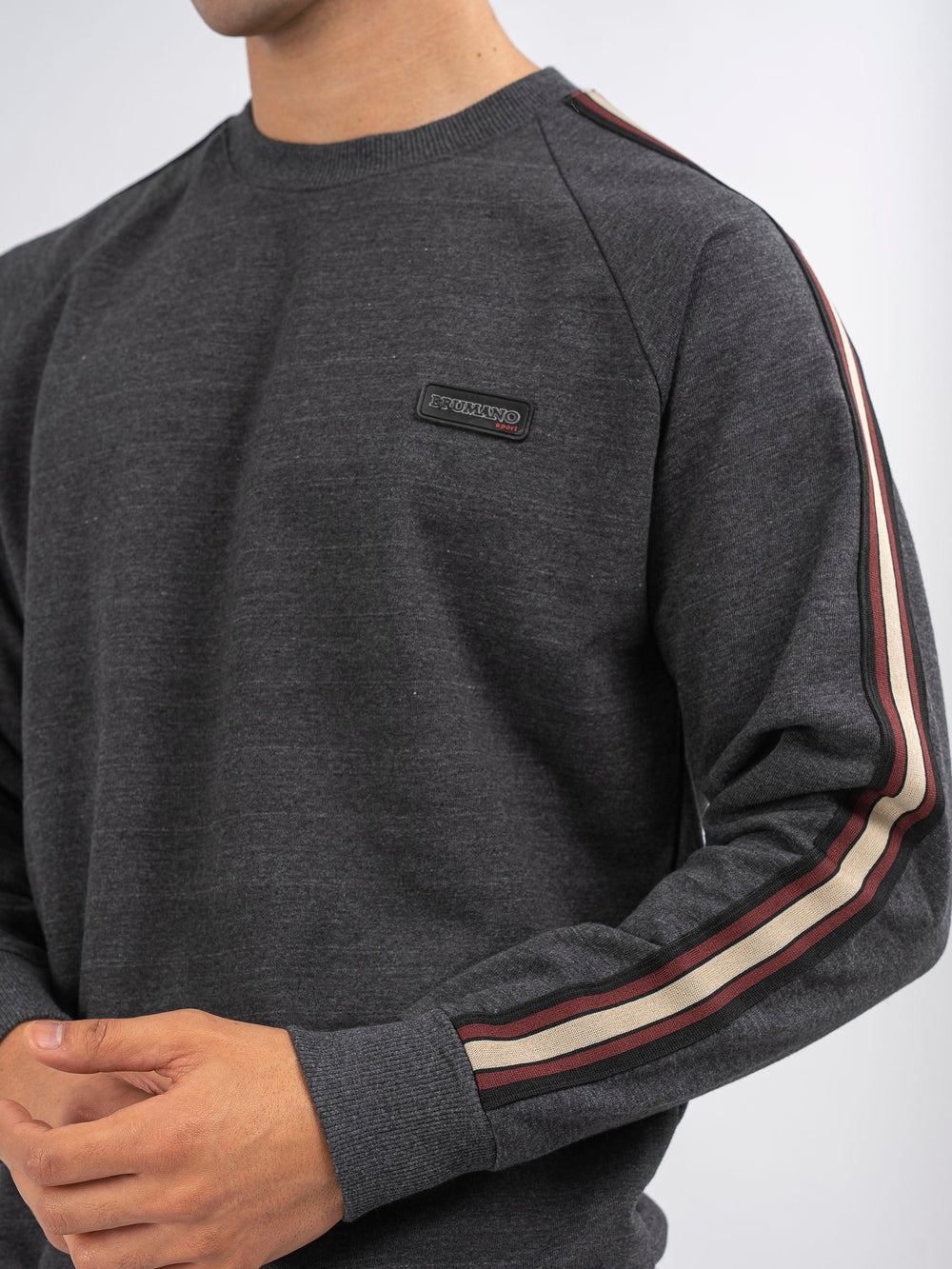 Brumano Ready To Wear Solids Cotton 1 Piece Men Charcoal Melange Crew Neck Sweatshirt With Detailing 0-45-024-4260 - Winter Collection
