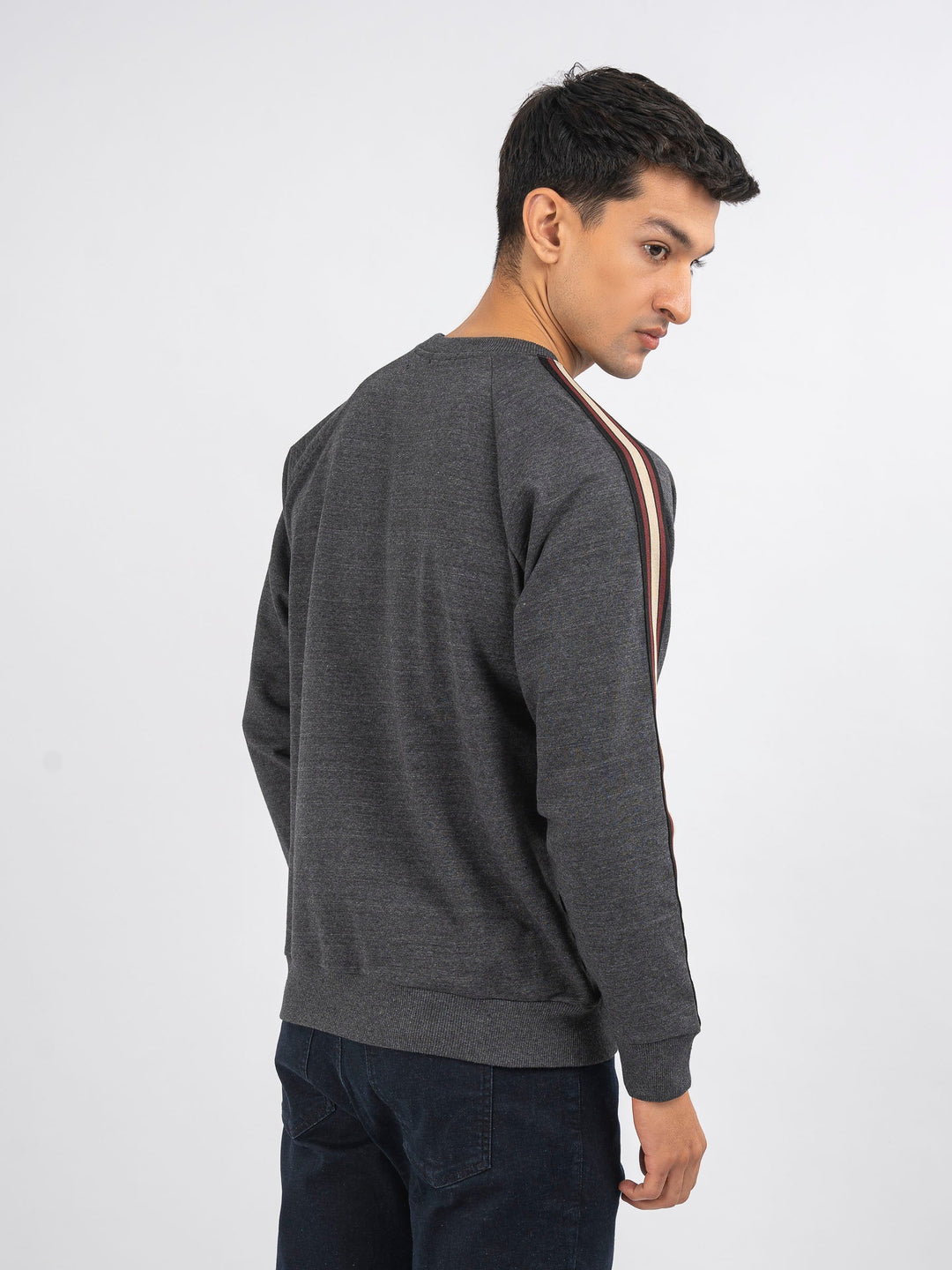 Brumano Ready To Wear Solids Cotton 1 Piece Men Charcoal Melange Crew Neck Sweatshirt With Detailing 0-45-024-4260 - Winter Collection