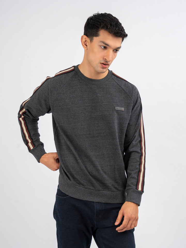 Brumano Ready To Wear Solids Cotton 1 Piece Men Charcoal Melange Crew Neck Sweatshirt With Detailing 0-45-024-4260 - Winter Collection