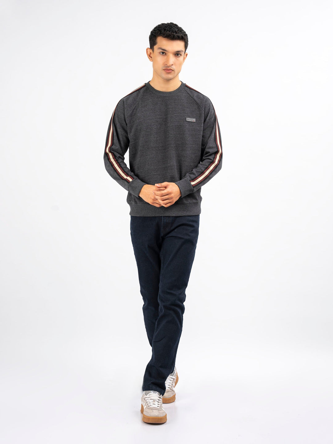 Brumano Ready To Wear Solids Cotton 1 Piece Men Charcoal Melange Crew Neck Sweatshirt With Detailing 0-45-024-4260 - Winter Collection