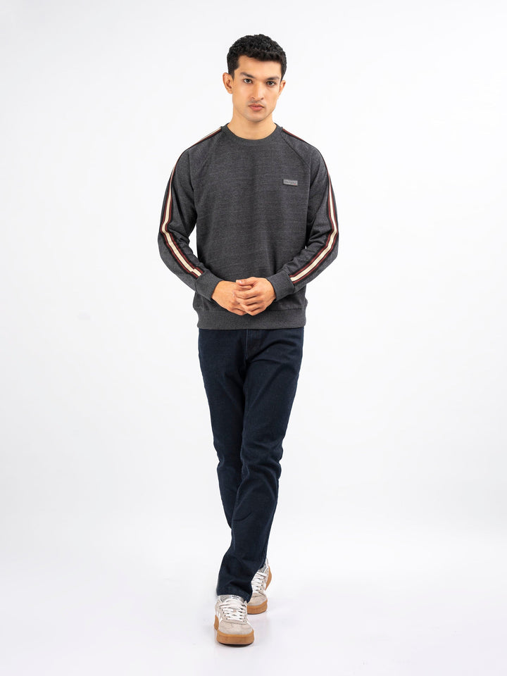 Brumano Ready To Wear Solids Cotton 1 Piece Men Charcoal Melange Crew Neck Sweatshirt With Detailing 0-45-024-4260 - Winter Collection