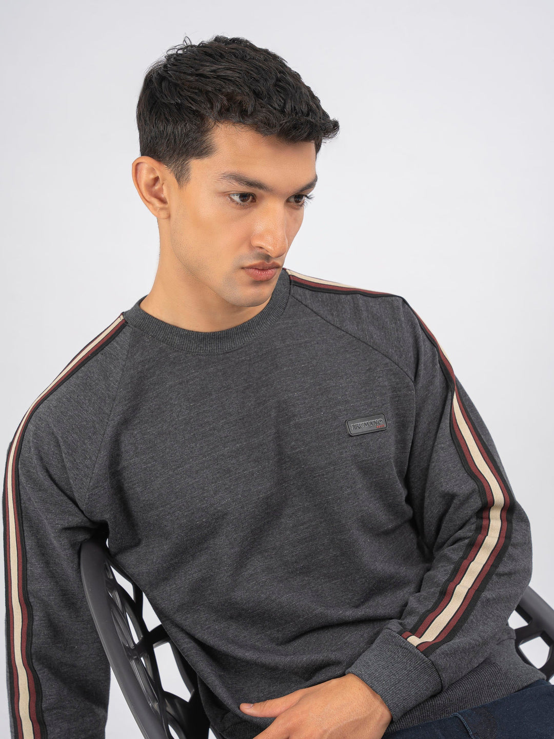 Brumano Ready To Wear Solids Cotton 1 Piece Men Charcoal Melange Crew Neck Sweatshirt With Detailing 0-45-024-4260 - Winter Collection