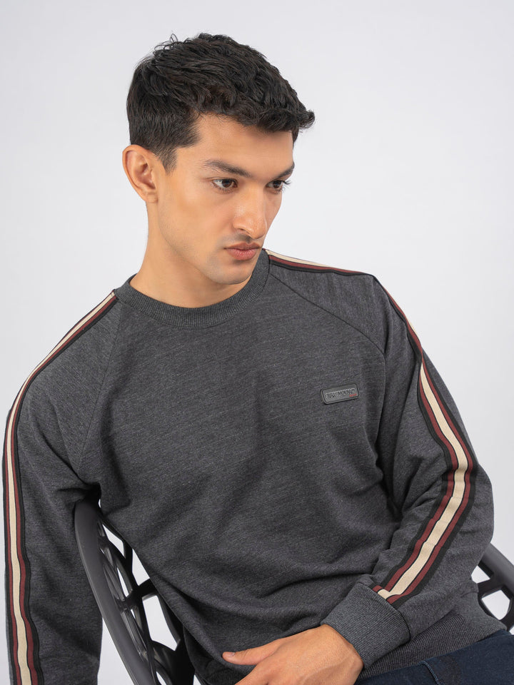 Brumano Ready To Wear Solids Cotton 1 Piece Men Charcoal Melange Crew Neck Sweatshirt With Detailing 0-45-024-4260 - Winter Collection