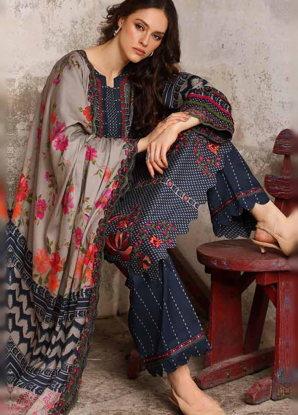 Combination by Charizma Unstitched Embroidered Linen 3 Piece Suit CHR26ULC CCW7-28 - Casual Collection