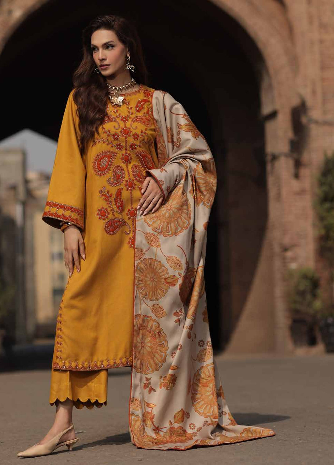 Signature by Charizma Unstitched Embroidered Leather Peach 3 Piece Suit CHR26USL CSL6-07 - Winter Collection