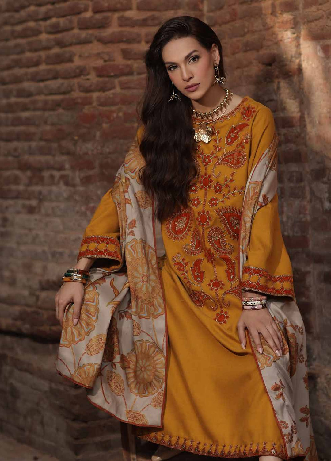 Signature by Charizma Unstitched Embroidered Leather Peach 3 Piece Suit CHR26USL CSL6-07 - Winter Collection