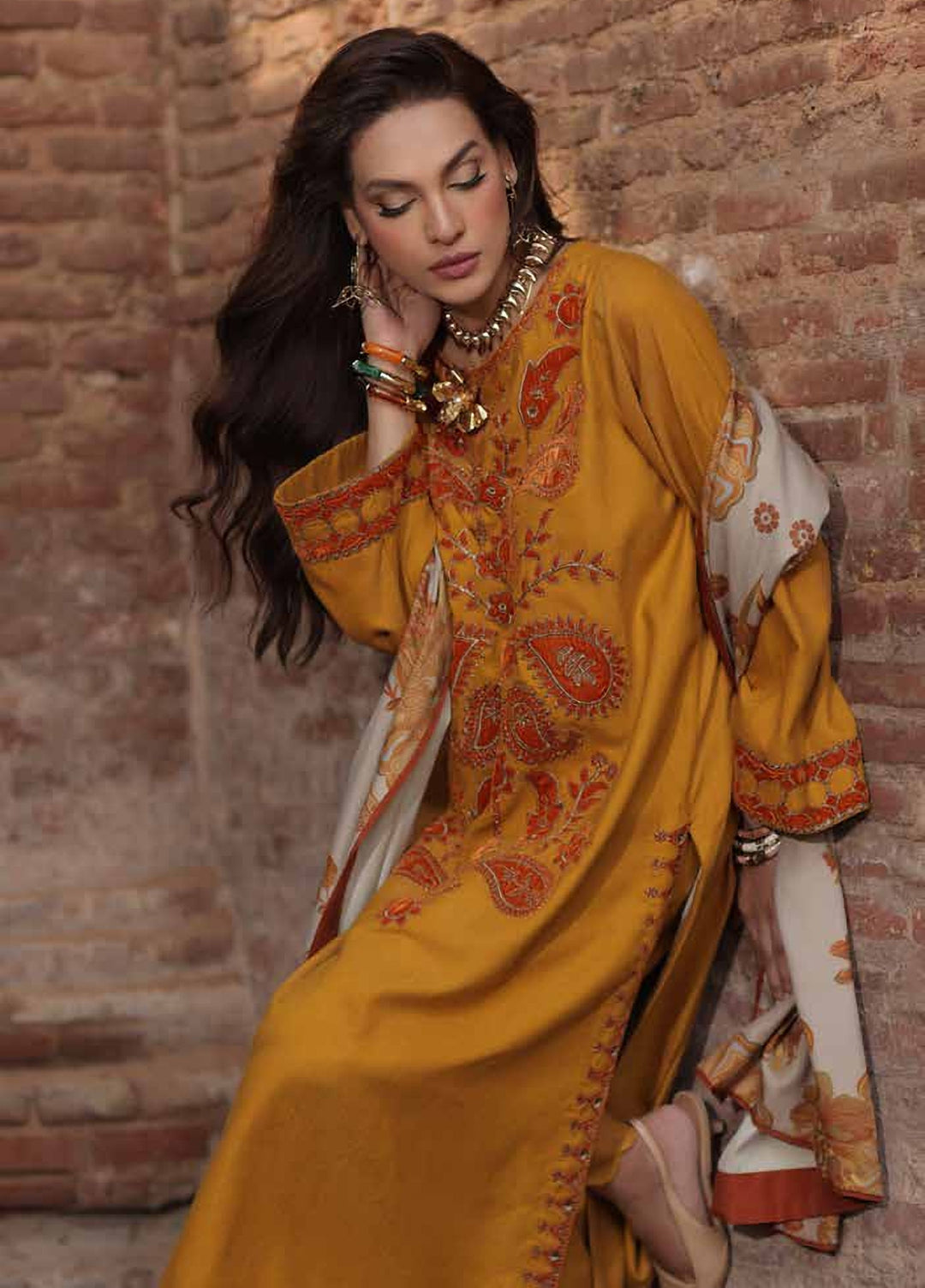 Signature by Charizma Unstitched Embroidered Leather Peach 3 Piece Suit CHR26USL CSL6-07 - Winter Collection