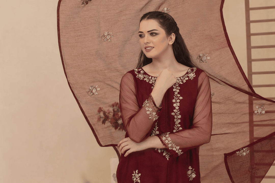 Silcot Women Pret Embroidered Khaddi Net 3 Piece Suit Marron Shimmer - Winter Collection