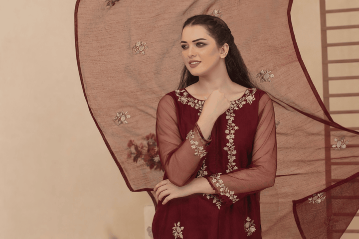 Silcot Women Pret Embroidered Khaddi Net 3 Piece Suit Marron Shimmer - Winter Collection