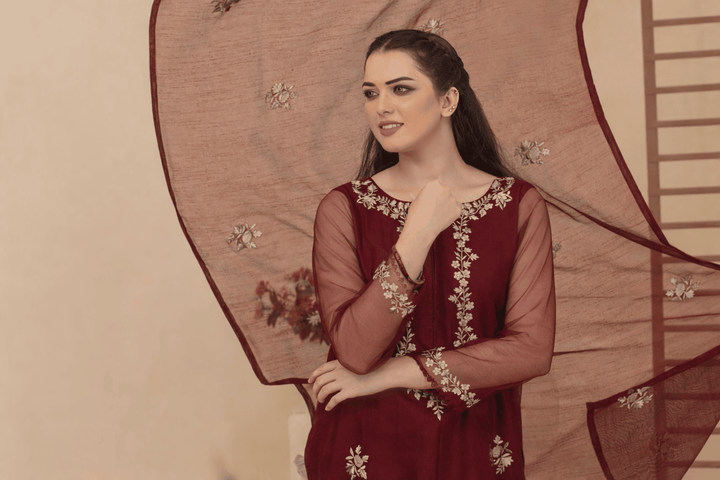 Silcot Women Pret Embroidered Khaddi Net 3 Piece Suit Marron Shimmer - Winter Collection