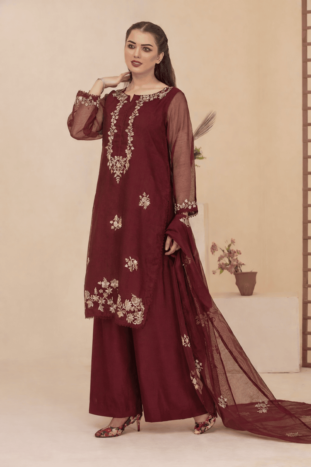 Silcot Women Pret Embroidered Khaddi Net 3 Piece Suit Marron Shimmer - Winter Collection