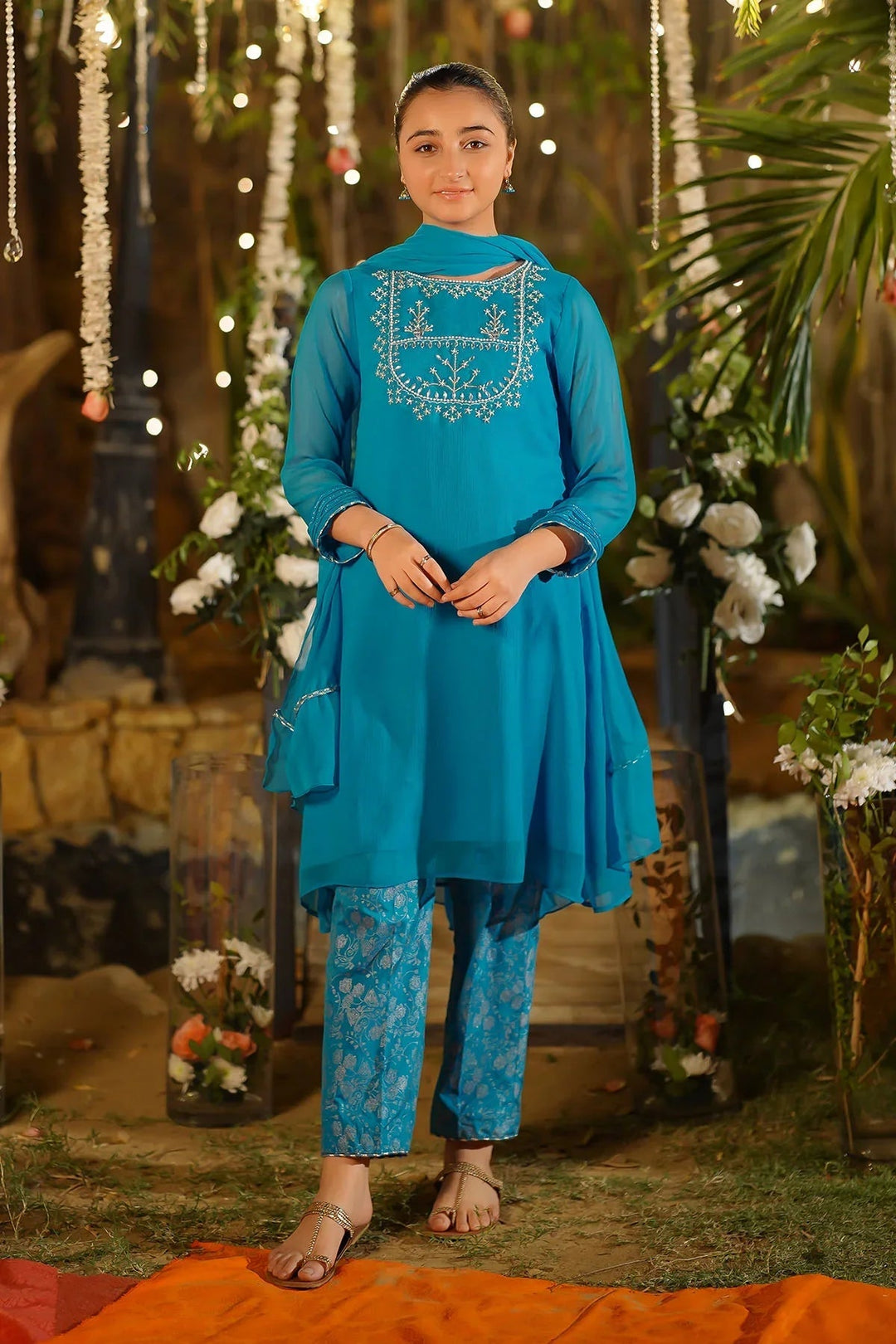 Ochre Girls Pret  Chiffon Hand Adda Work 3 Piece Suit AC-69 - Summer Collection