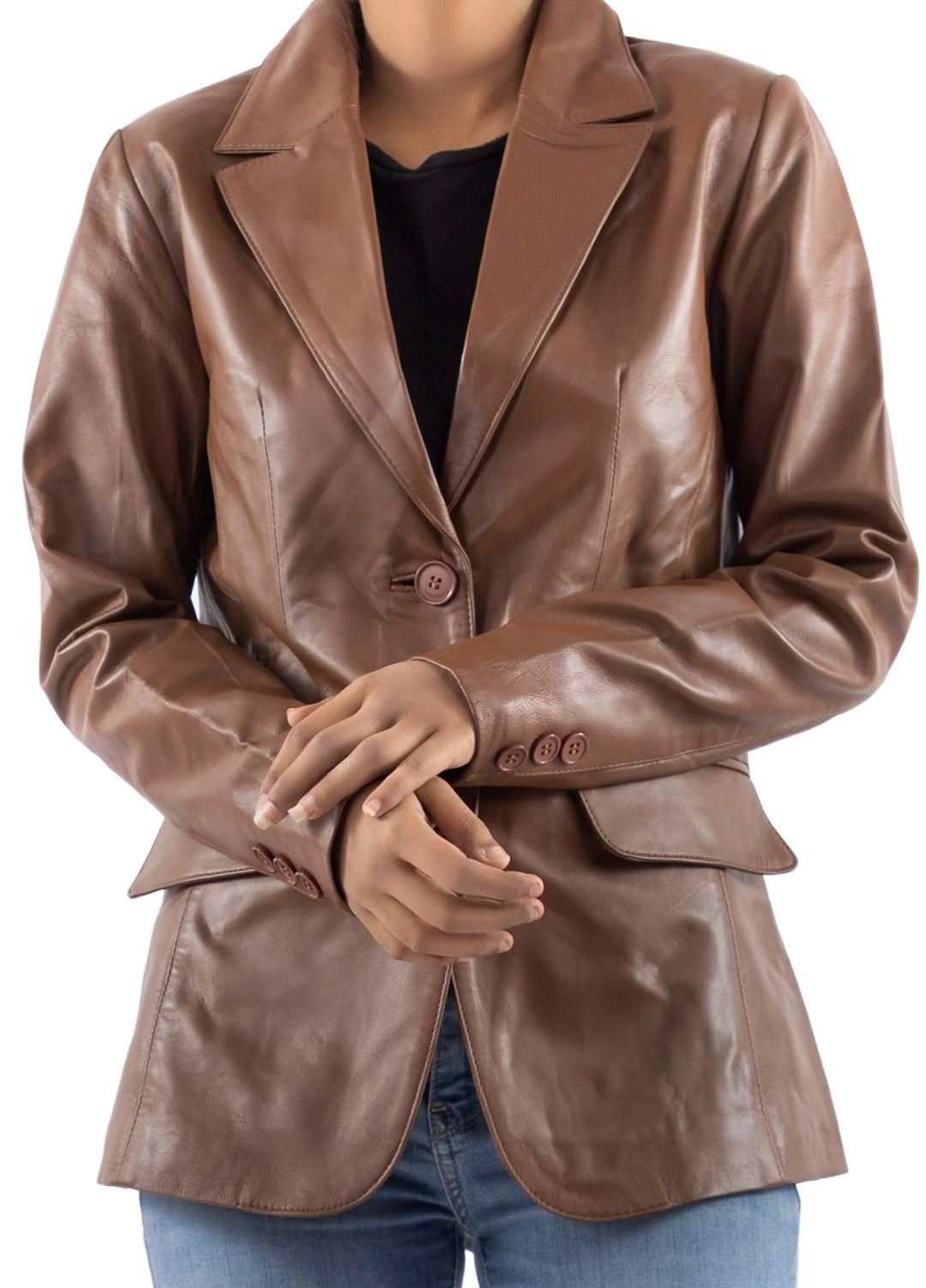 Jild Leathers Classic 2-Button Lambskin Leather Blazer Women-Cognac - Blazers And Coats Collection