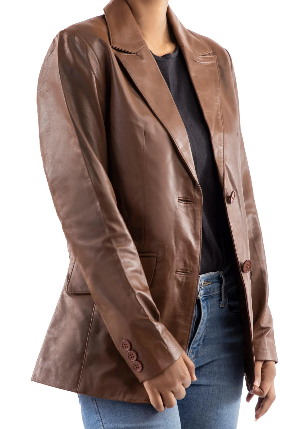 Jild Jild Leathers Classic 2-Button Lambskin Leather Blazer Women-Cognac ...