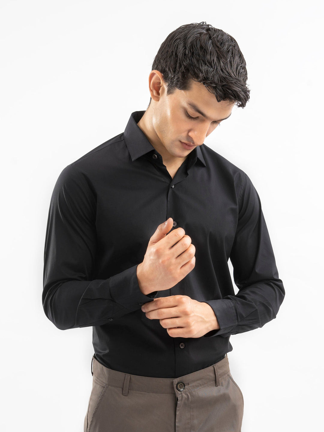 Brumano Mens RTW Solids Cotton Shirt Classic Black Satin Casual Collection