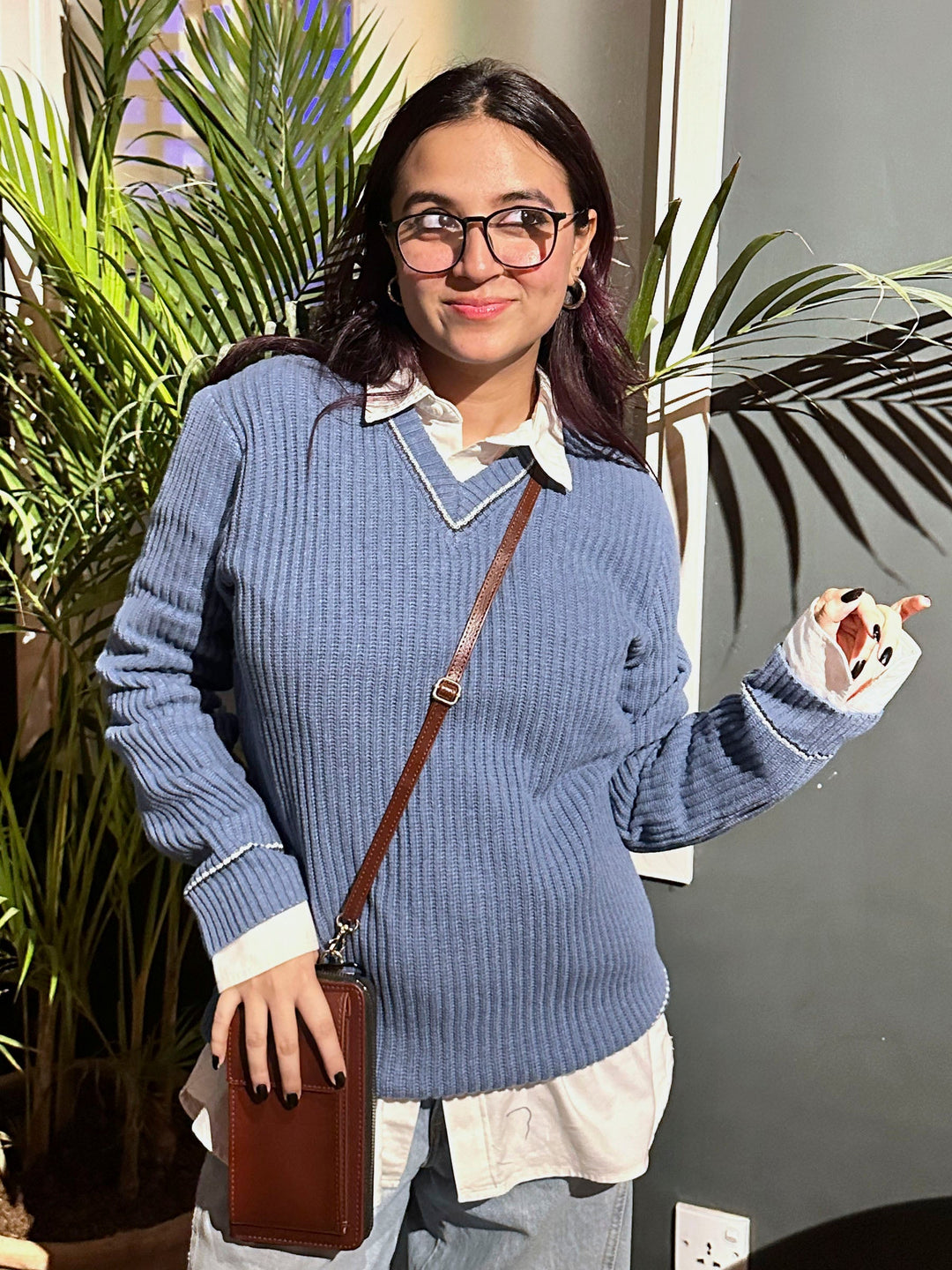 Brumano Ready to Wear Women Cotton Cobalt Blue Chunky Knitted V-Neck Sweater 0-21-024-3652-D-05 - Winter Collection