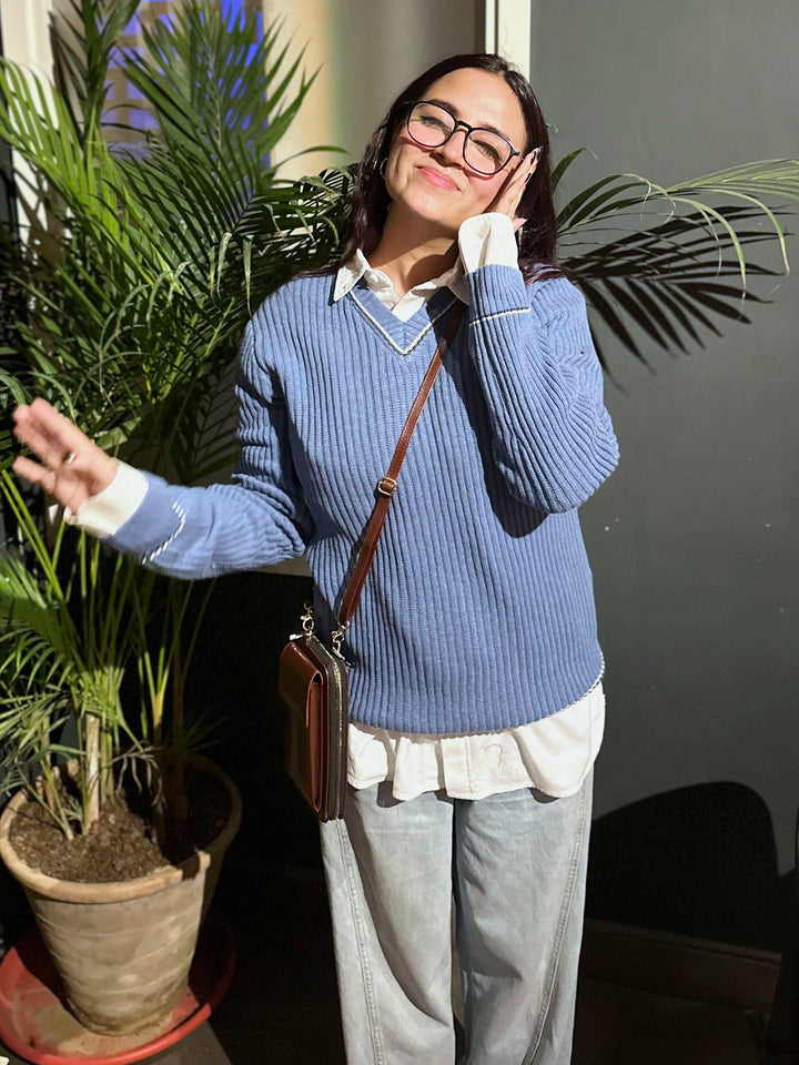 Brumano Ready to Wear Women Cotton Cobalt Blue Chunky Knitted V-Neck Sweater 0-21-024-3652-D-05 - Winter Collection