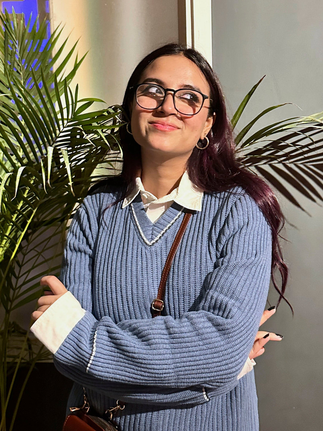 Brumano Ready to Wear Women Cotton Cobalt Blue Chunky Knitted V-Neck Sweater 0-21-024-3652-D-05 - Winter Collection