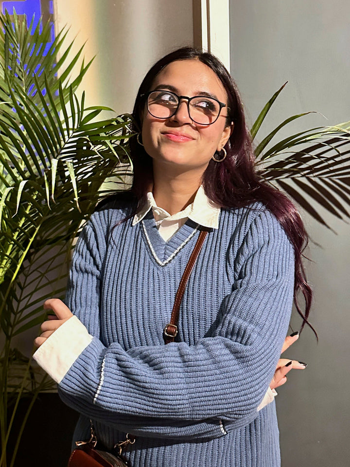 Brumano Ready to Wear Women Cotton Cobalt Blue Chunky Knitted V-Neck Sweater 0-21-024-3652-D-05 - Winter Collection