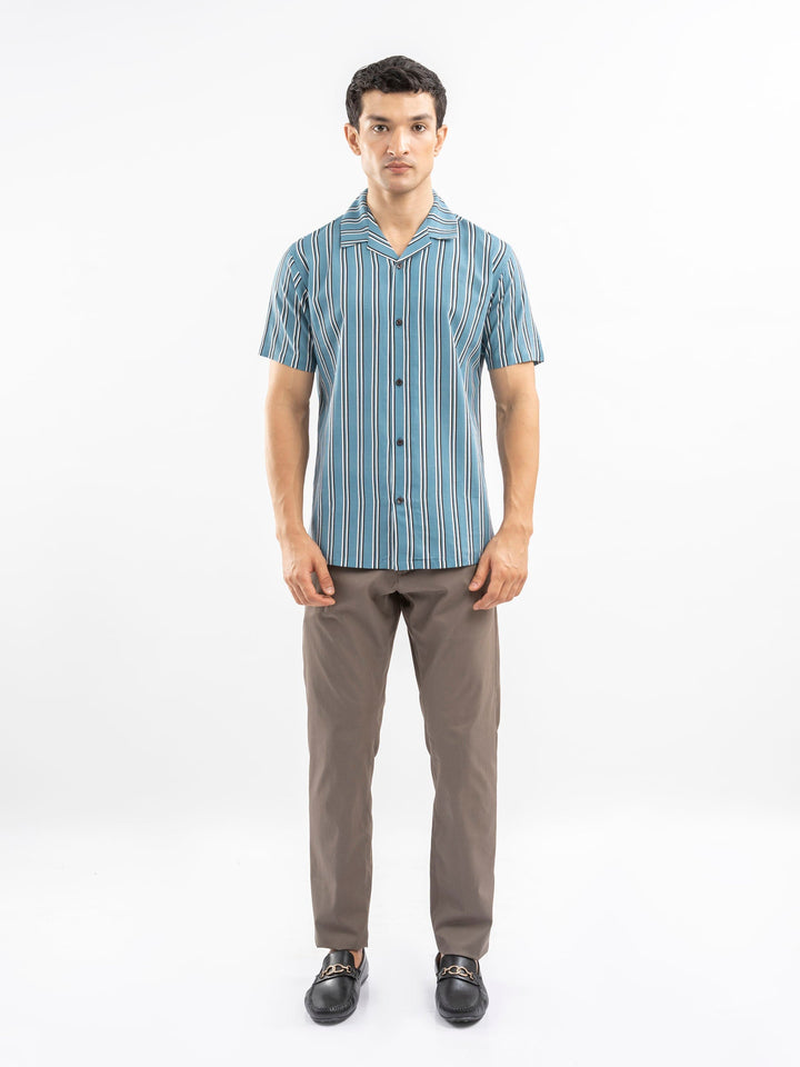 Brumano Ready To Wear Shirts Men 1 Piece Cotton Cobalt Blue Striped Cuban Collar Shirt 0-33-025-4403 - Summer Collection