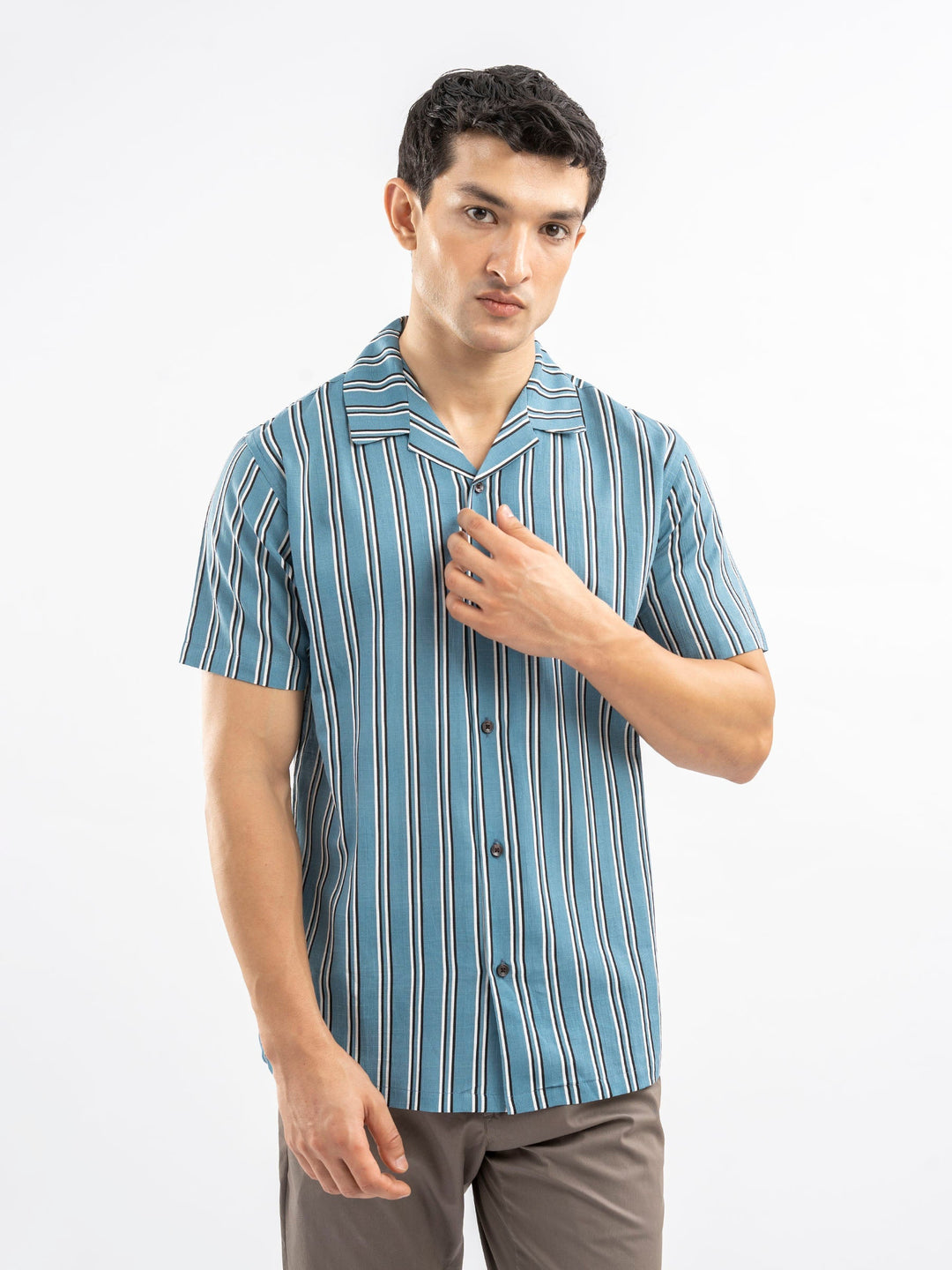 Brumano Ready To Wear Shirts Men 1 Piece Cotton Cobalt Blue Striped Cuban Collar Shirt 0-33-025-4403 - Summer Collection
