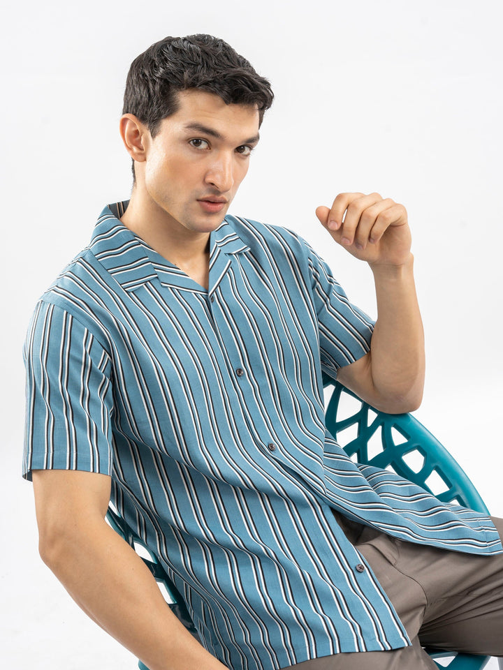 Brumano Ready To Wear Shirts Men 1 Piece Cotton Cobalt Blue Striped Cuban Collar Shirt 0-33-025-4403 - Summer Collection