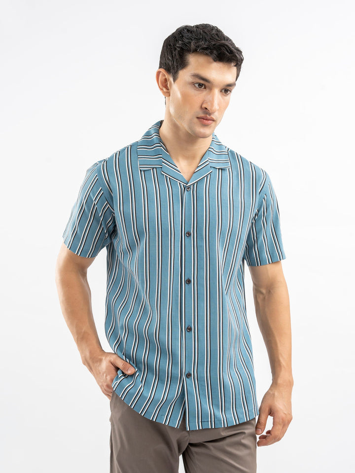 Brumano Ready To Wear Shirts Men 1 Piece Cotton Cobalt Blue Striped Cuban Collar Shirt 0-33-025-4403 - Summer Collection