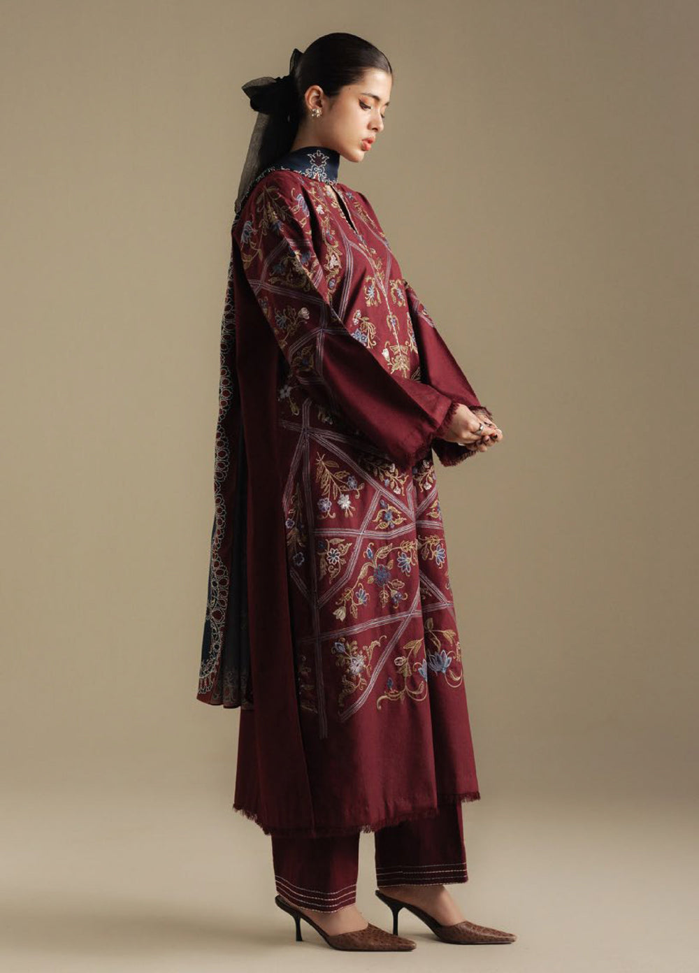 Coco by Zara Shahjahan Unstitched Winter Karandi Embroidered Suits 3 Piece CZS25WU D-04 B Coral - Winter Collection