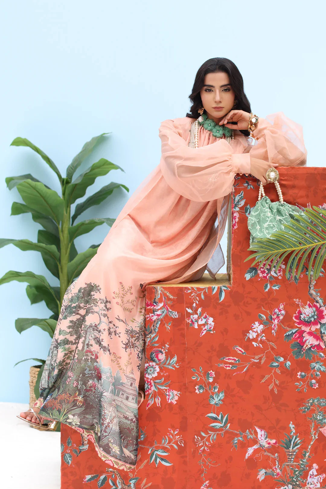 Resort by Musferah Pret Printed Organza 2 Piece Suit Coral Horizon