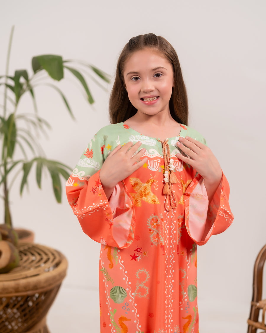 Sprinkles Girls RTW Printed Crepe 1 Piece Dress Coral Canopy - Casual Collection