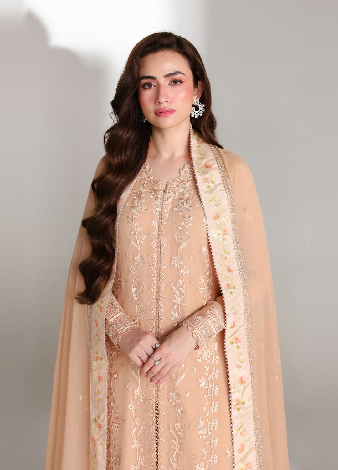 Ensembles by Azure Unstitched Embroidered Chiffon 3 Piece Suit AZ26UEF CREAM DREAM - Festive Collection