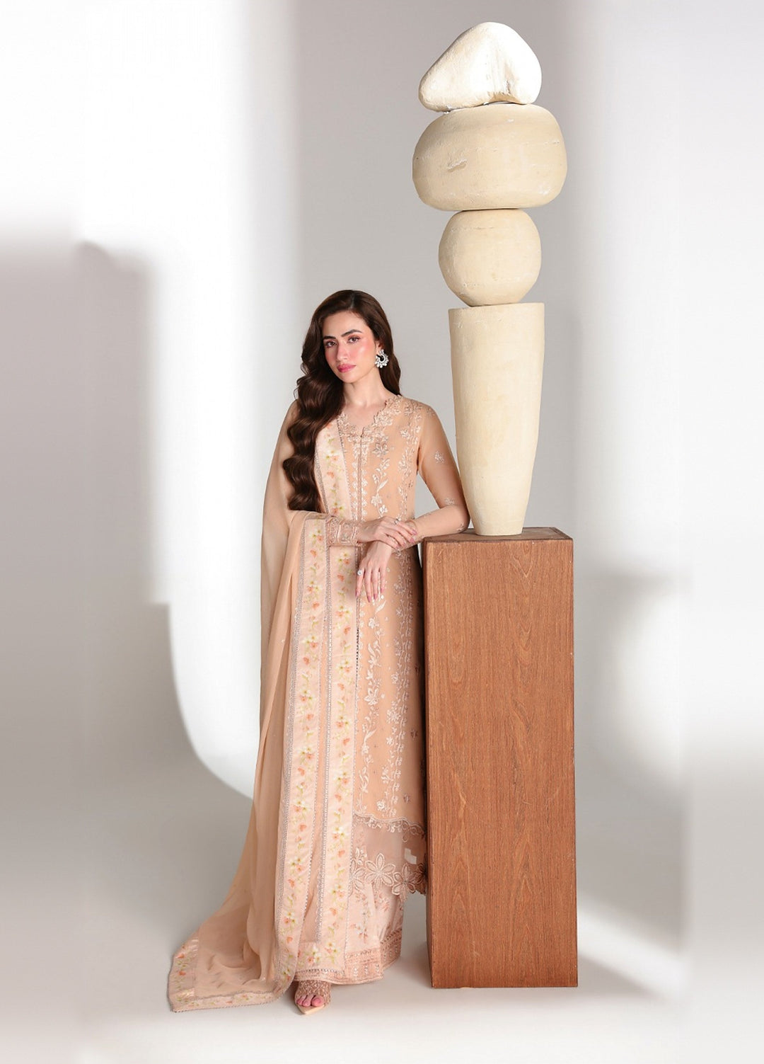 Ensembles by Azure Unstitched Embroidered Chiffon 3 Piece Suit AZ26UEF CREAM DREAM - Festive Collection
