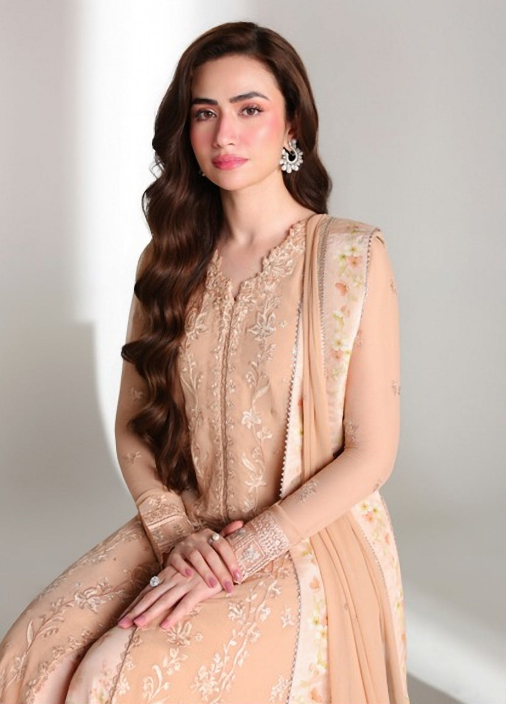 Ensembles by Azure Unstitched Embroidered Chiffon 3 Piece Suit AZ26UEF CREAM DREAM - Festive Collection