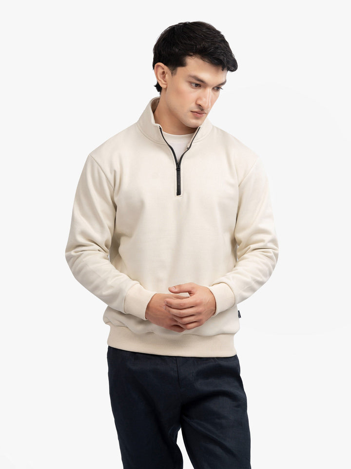 Brumano Mens RTW Solids Cotton 1 Piece Cream Fleece Mock Neck Winter Collection