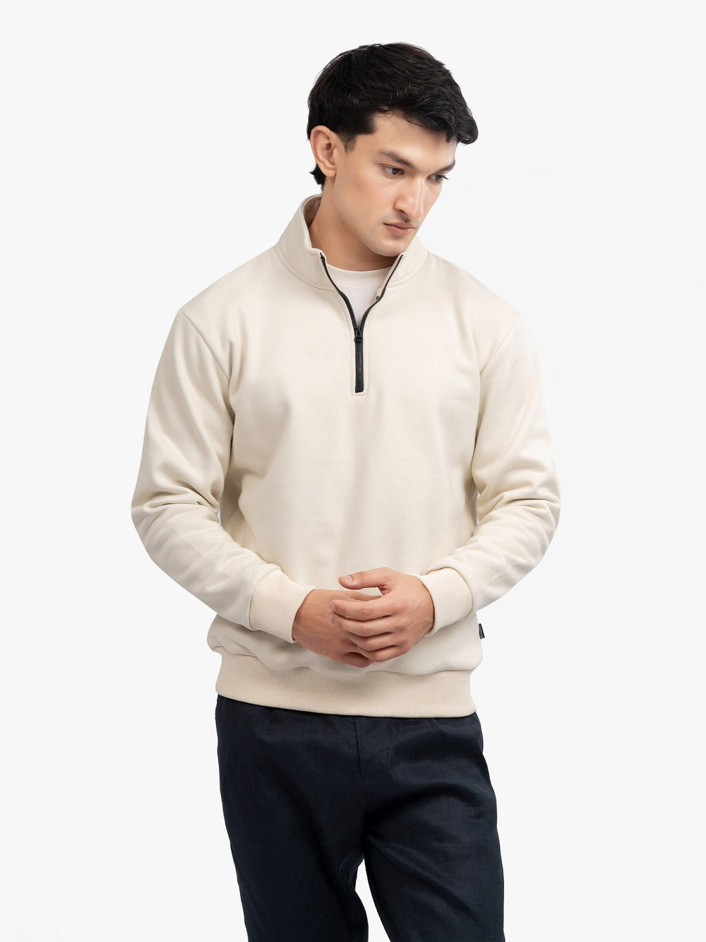 Brumano Mens RTW Solids Cotton 1 Piece Cream Fleece Mock Neck Winter Collection