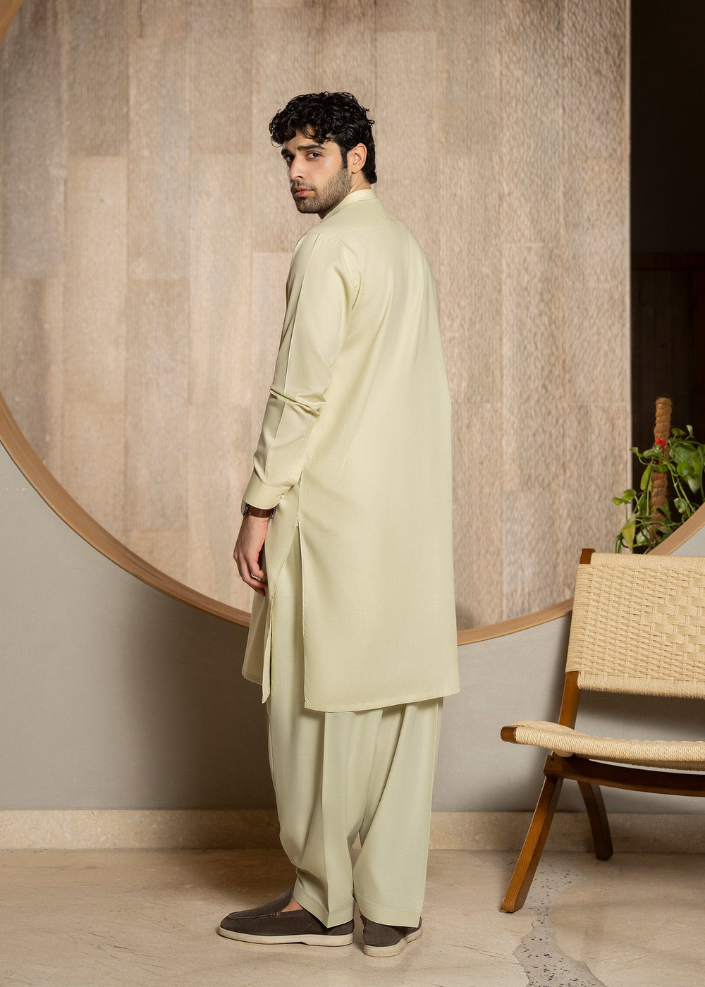 Buraq Men RTW Solids Wash N Wear Kurta Shalwar Suit Cream Casual Collection
