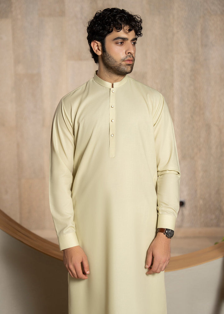Buraq Men RTW Solids Wash N Wear Kurta Shalwar Suit Cream Casual Collection