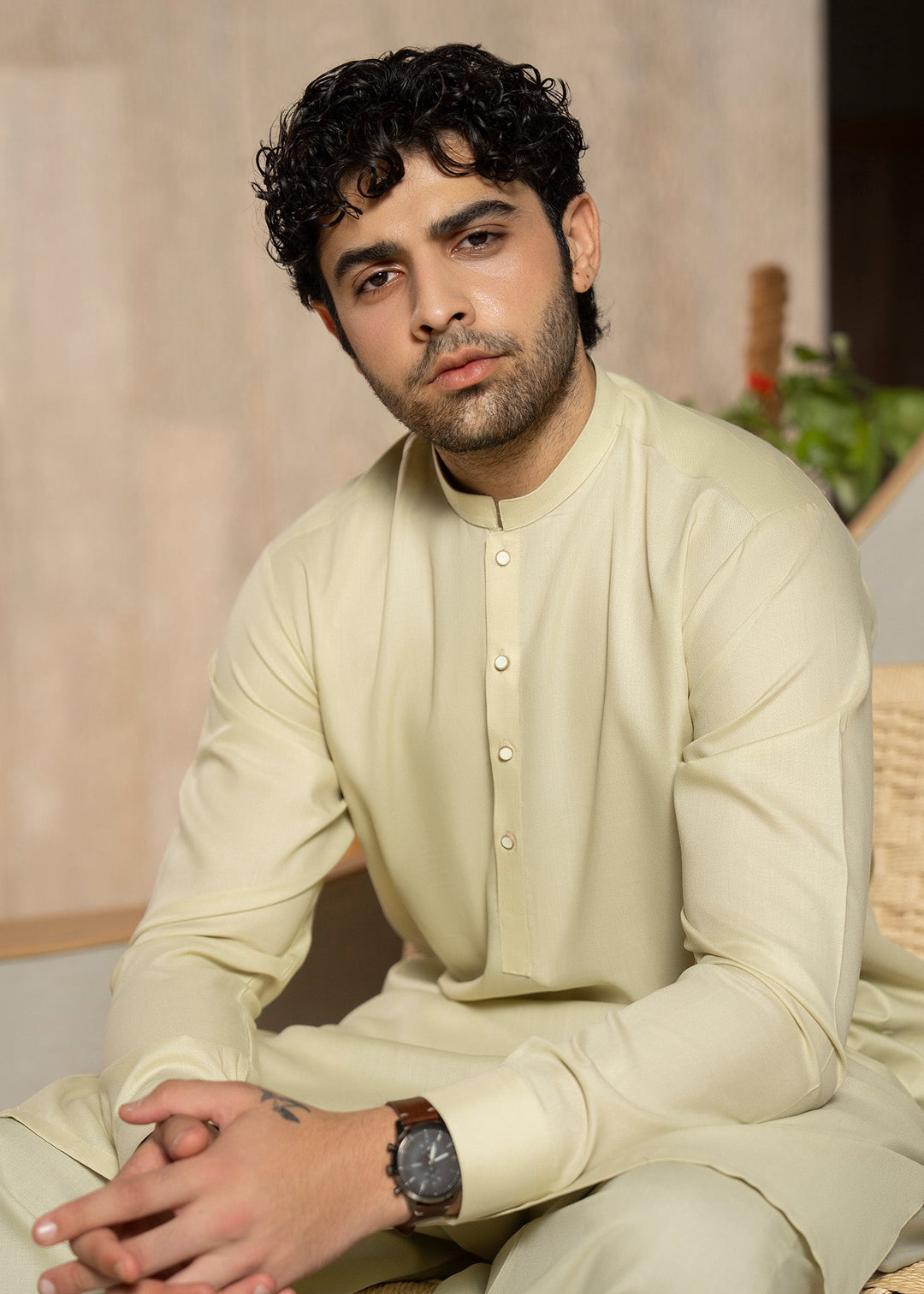Buraq Men RTW Solids Wash N Wear Kurta Shalwar Suit Cream Casual Collection