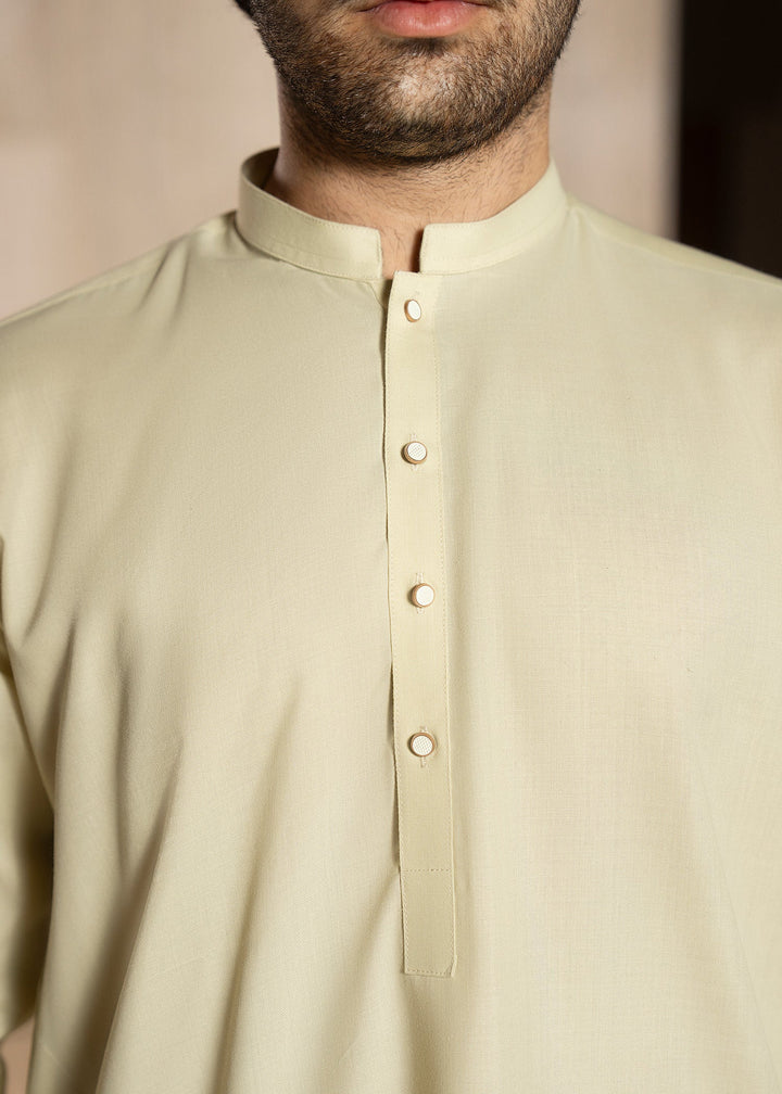Buraq Men RTW Solids Wash N Wear Kurta Shalwar Suit Cream Casual Collection