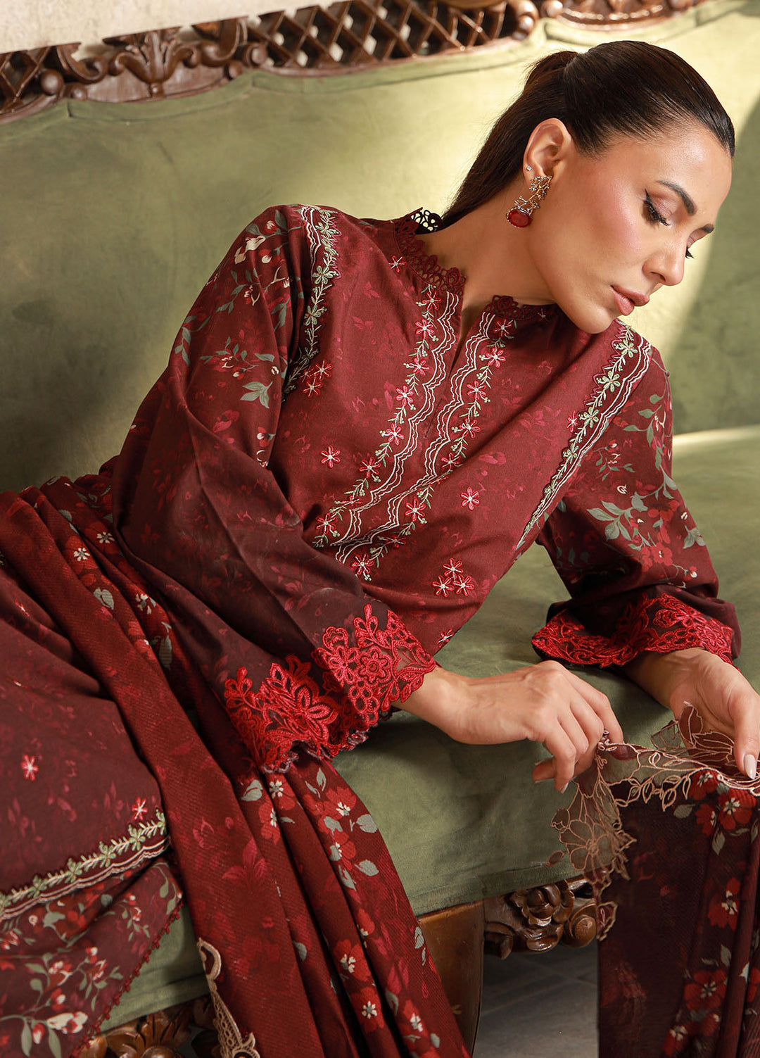 Sahar Embroidered Cotton Viscose Suits Unstitched 3 Piece SHR25FU AW1-25-16 Crimson Amour - Winter Collection