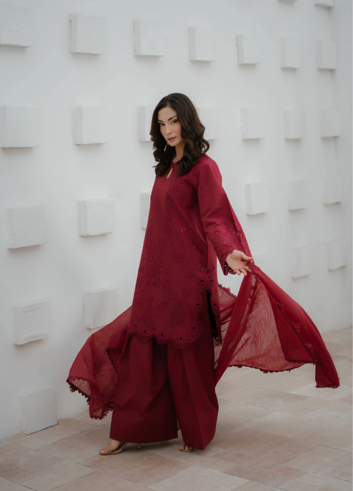 Manara by Maria RTW Embroidered Crimson 3 Piece Suit MN26RF Crimson M-08 - Festive Collection