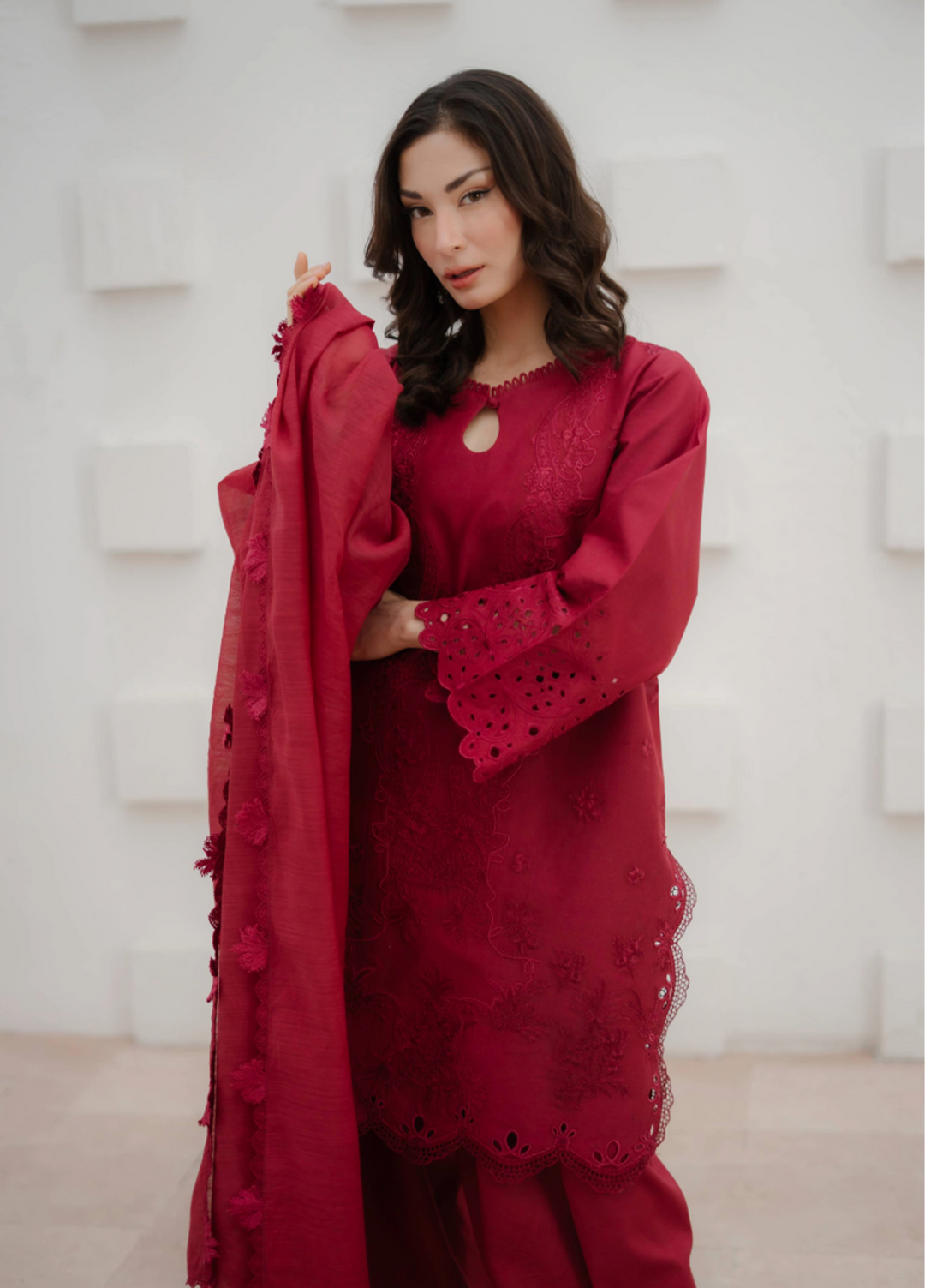 Manara by Maria RTW Embroidered Crimson 3 Piece Suit MN26RF Crimson M-08 - Festive Collection