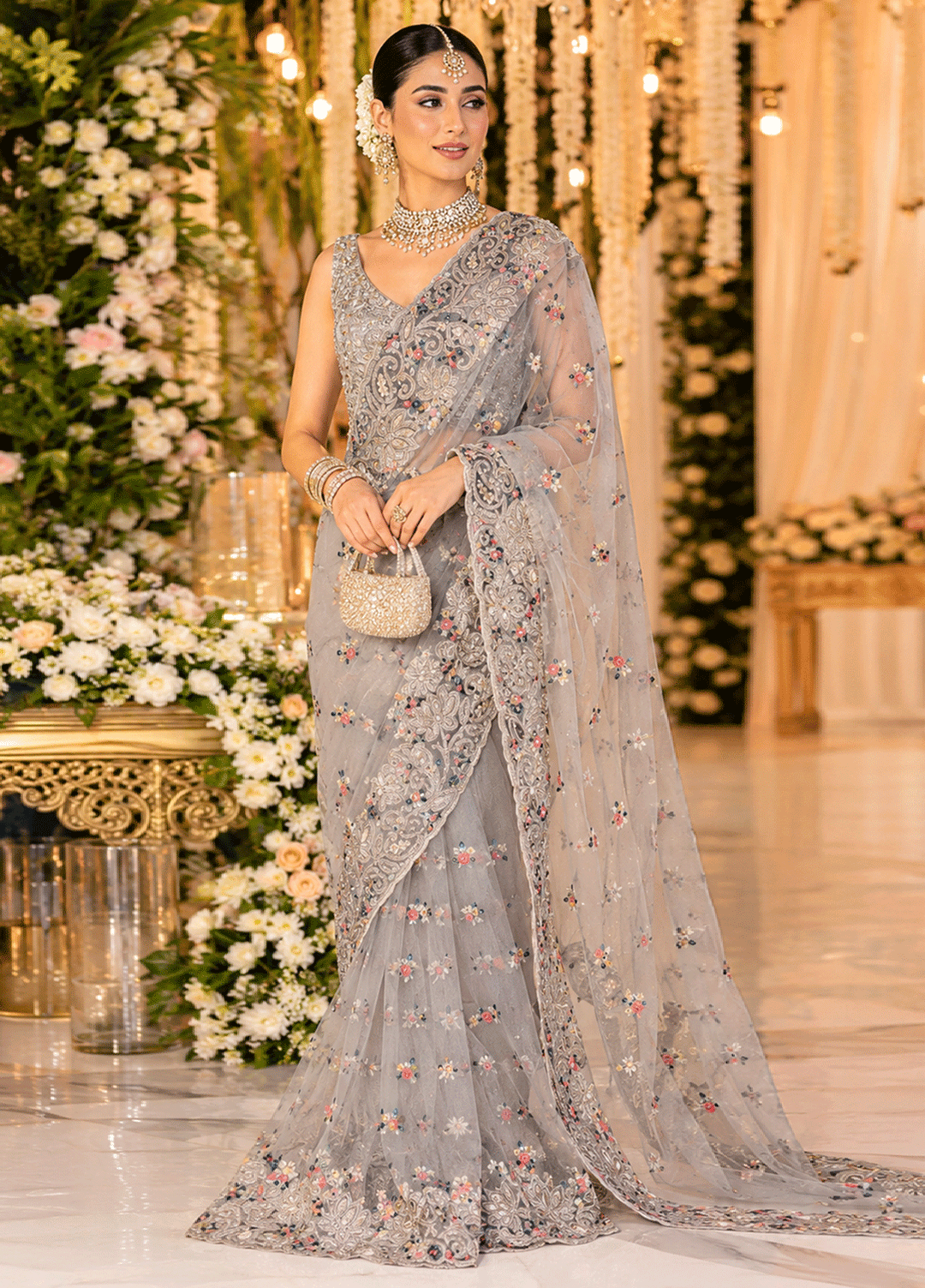 Elaya by House of Nyyra Unstitched 2 Piece Hand work Ash Saree - Formals Collection